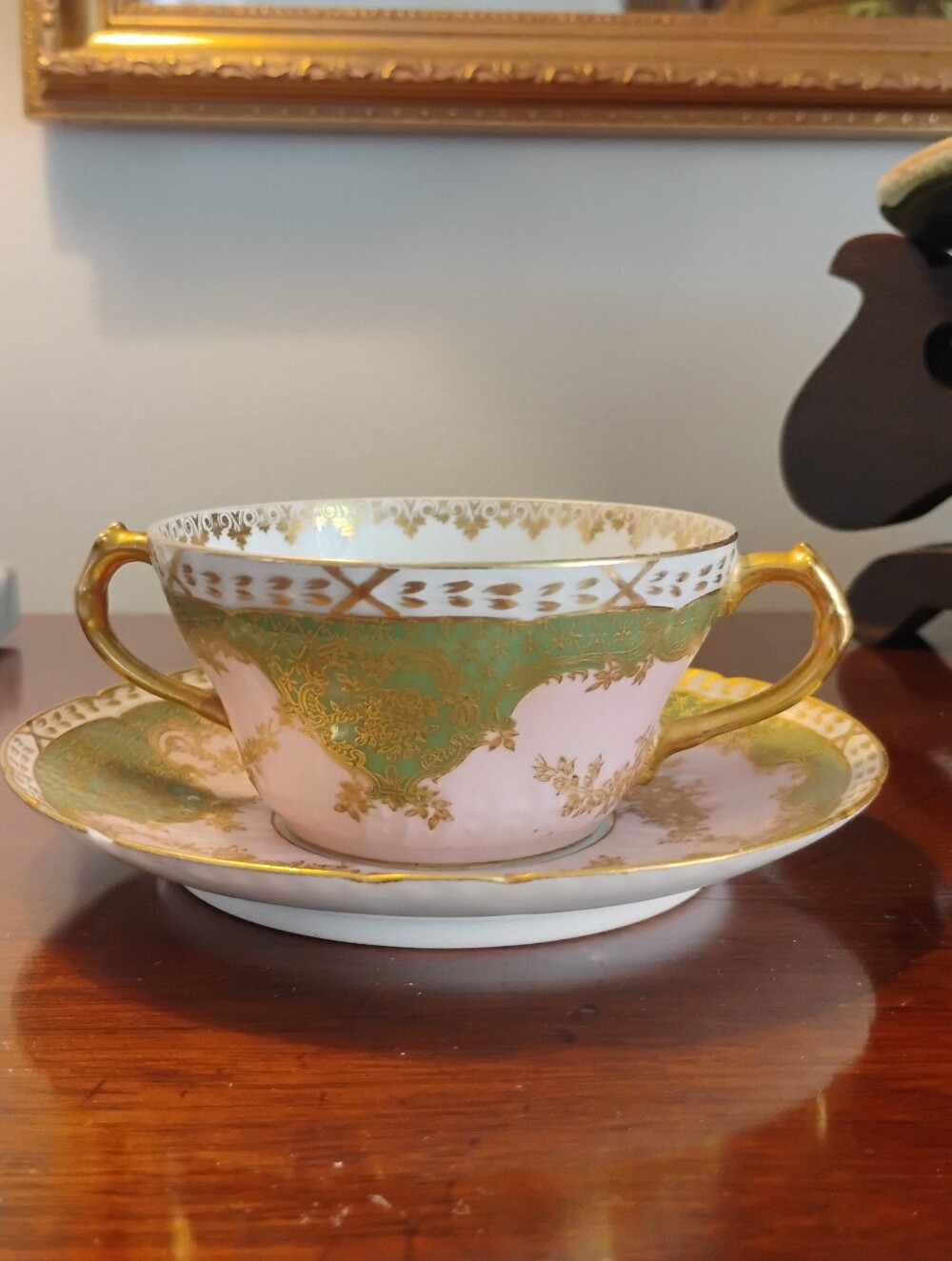 G.D.A. Limoges Pink and Green Porcelain Bouillon Cup & Saucer